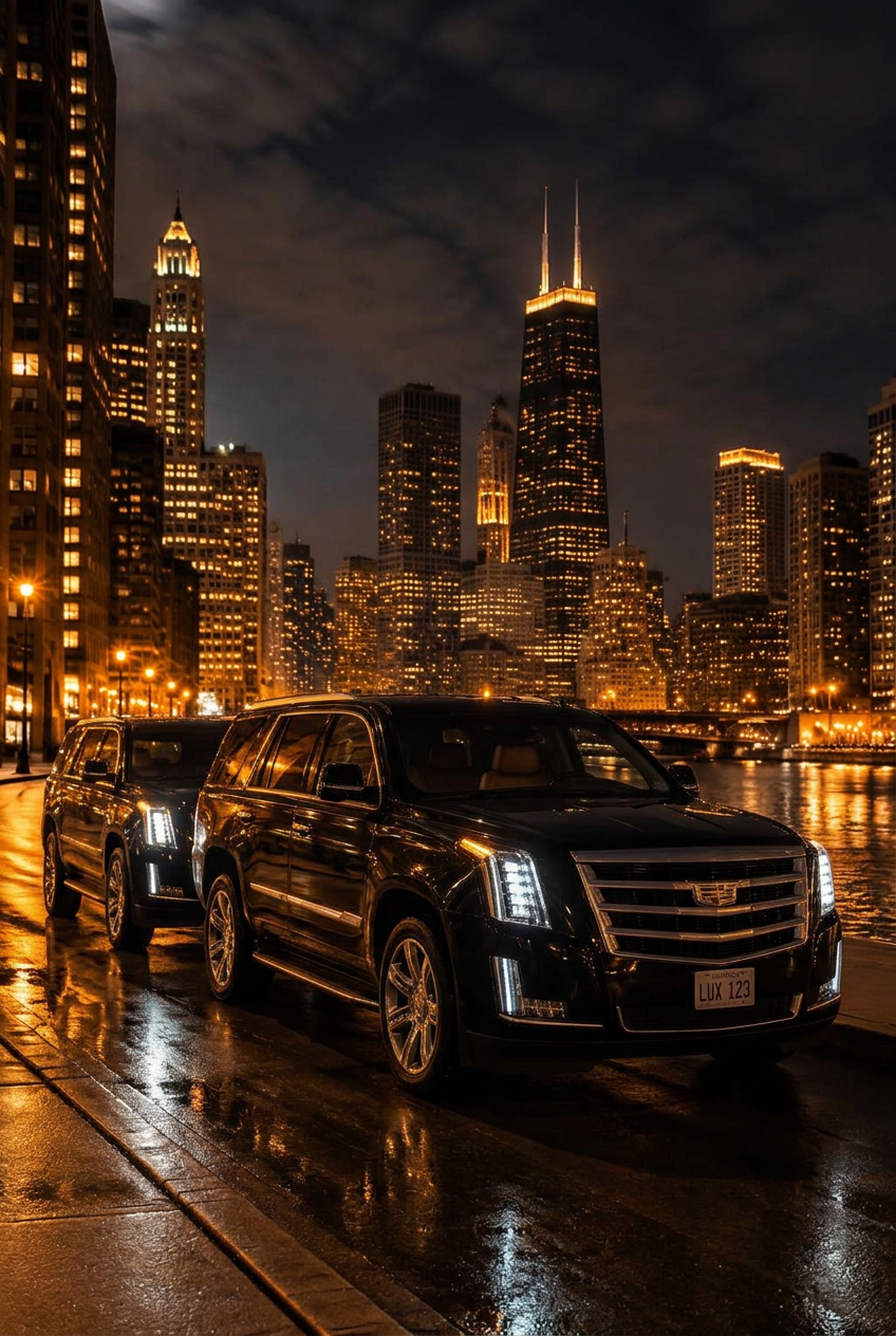 Odyssey black Cadillac Escalades on a Chicago street at night